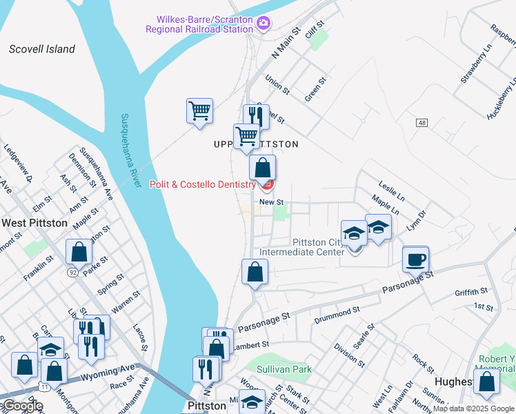 map of restaurants, bars, coffee shops, grocery stores, and more near 8 Benedict Street in Pittston