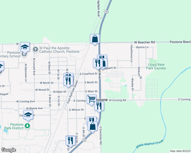 map of restaurants, bars, coffee shops, grocery stores, and more near 436 East Crawford Street in Peotone