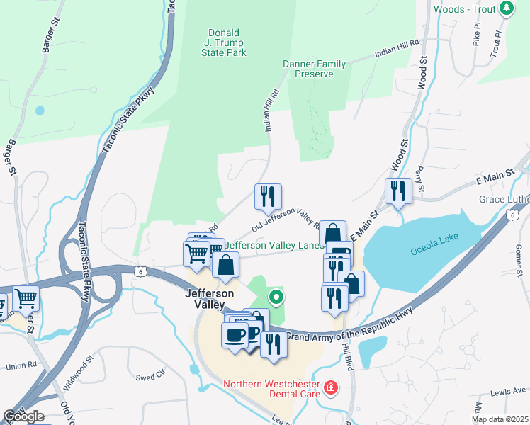 map of restaurants, bars, coffee shops, grocery stores, and more near 3823 Indian Hill Road in Shrub Oak