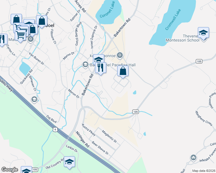 map of restaurants, bars, coffee shops, grocery stores, and more near 8 Hamburg Way in Monroe