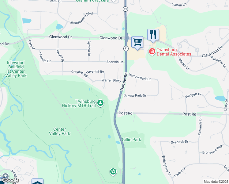 map of restaurants, bars, coffee shops, grocery stores, and more near 2477 Warren Parkway in Twinsburg