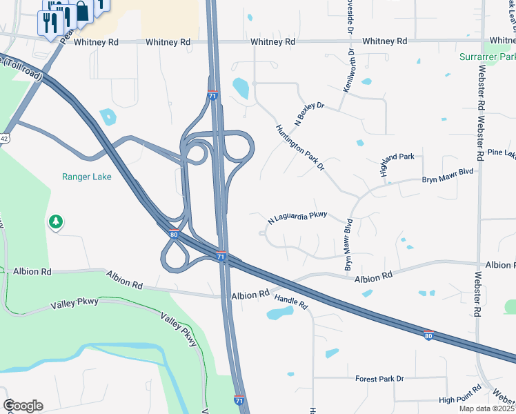 map of restaurants, bars, coffee shops, grocery stores, and more near 10267 Council Bluff in Strongsville