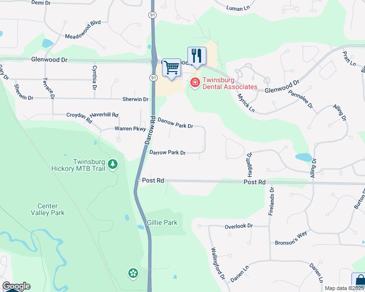 map of restaurants, bars, coffee shops, grocery stores, and more near 9931 Darrow Park Drive in Twinsburg