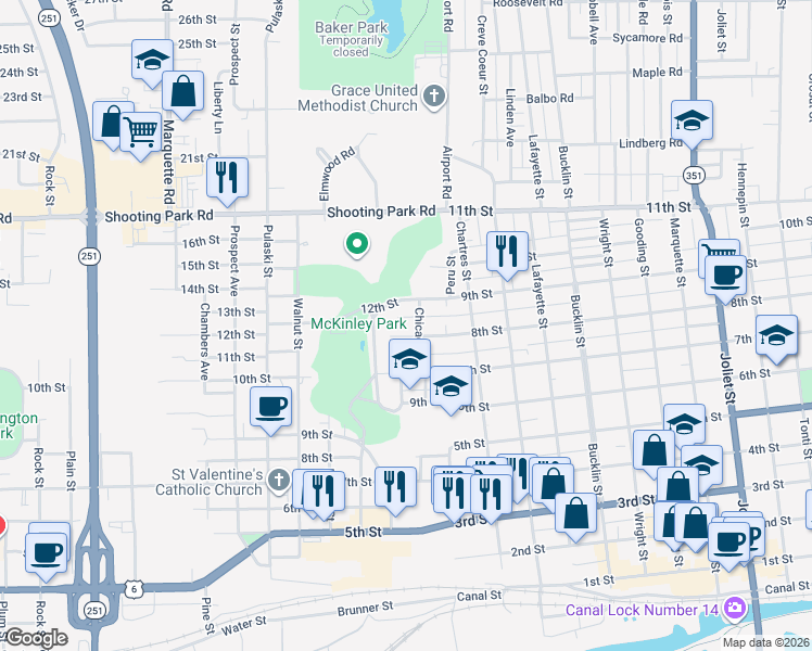 map of restaurants, bars, coffee shops, grocery stores, and more near 113 11th Street in Peru