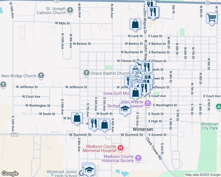 map of restaurants, bars, coffee shops, grocery stores, and more near 422 West Jefferson Street in Winterset