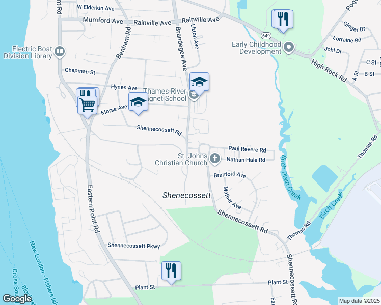 map of restaurants, bars, coffee shops, grocery stores, and more near 13 Liberty Drive in Groton