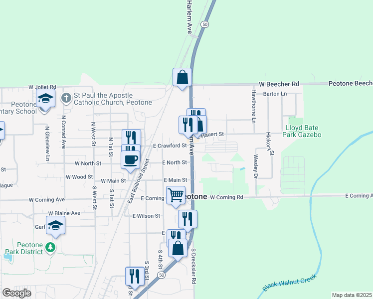 map of restaurants, bars, coffee shops, grocery stores, and more near 436 East Crawford Street in Peotone