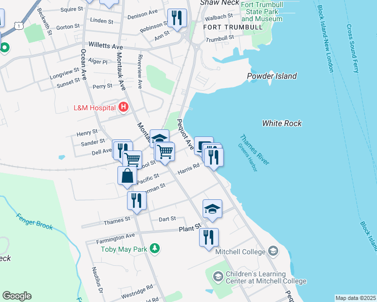 map of restaurants, bars, coffee shops, grocery stores, and more near 214 Pequot Avenue in New London
