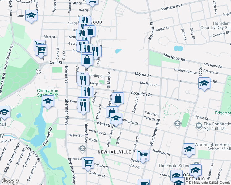map of restaurants, bars, coffee shops, grocery stores, and more near 306 Goodrich Street in Hamden