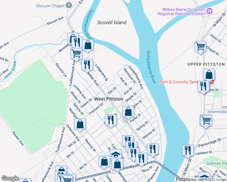 map of restaurants, bars, coffee shops, grocery stores, and more near 136 Elm Street in Luzerne County