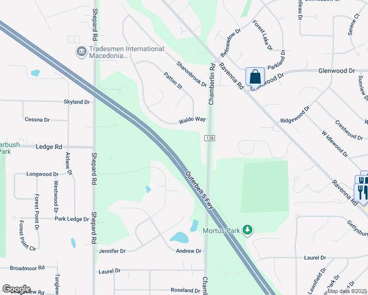 map of restaurants, bars, coffee shops, grocery stores, and more near 1318 Waldo Way in Twinsburg