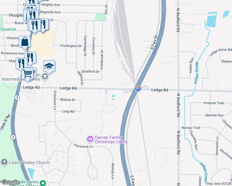 map of restaurants, bars, coffee shops, grocery stores, and more near 376 Ledge Road in Macedonia
