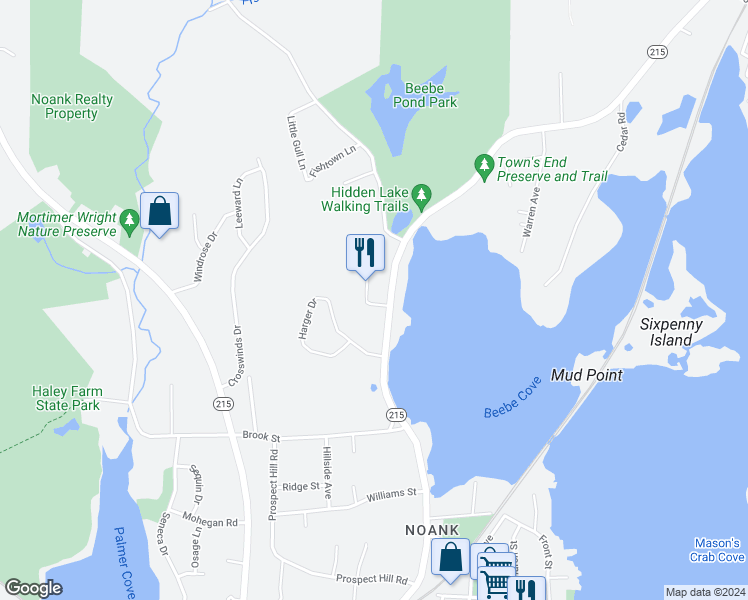 map of restaurants, bars, coffee shops, grocery stores, and more near 17 Tryon Avenue in Groton