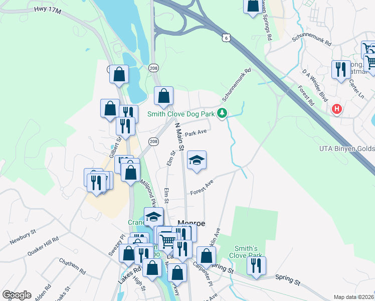 map of restaurants, bars, coffee shops, grocery stores, and more near 282 North Main Street in Monroe