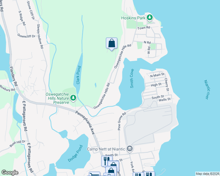 map of restaurants, bars, coffee shops, grocery stores, and more near 53 Oswegatchie Hills Road in East Lyme