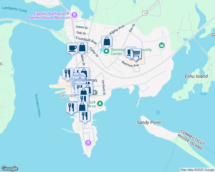 map of restaurants, bars, coffee shops, grocery stores, and more near 1 Miller Street in Stonington