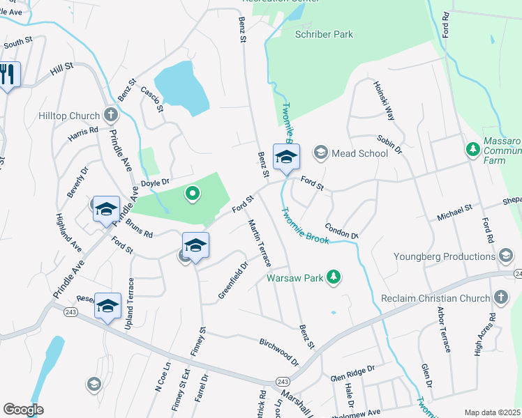 map of restaurants, bars, coffee shops, grocery stores, and more near 111 Benz Street in Ansonia