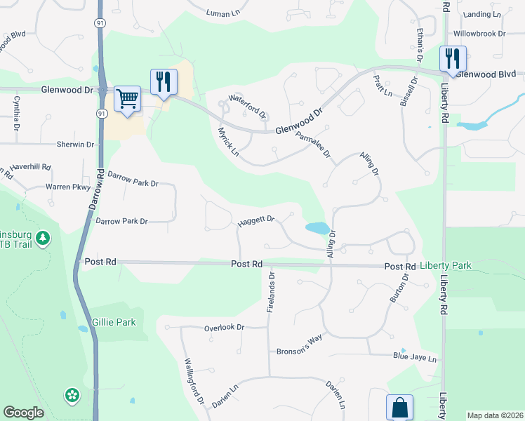map of restaurants, bars, coffee shops, grocery stores, and more near 2797 Haggett Drive in Twinsburg