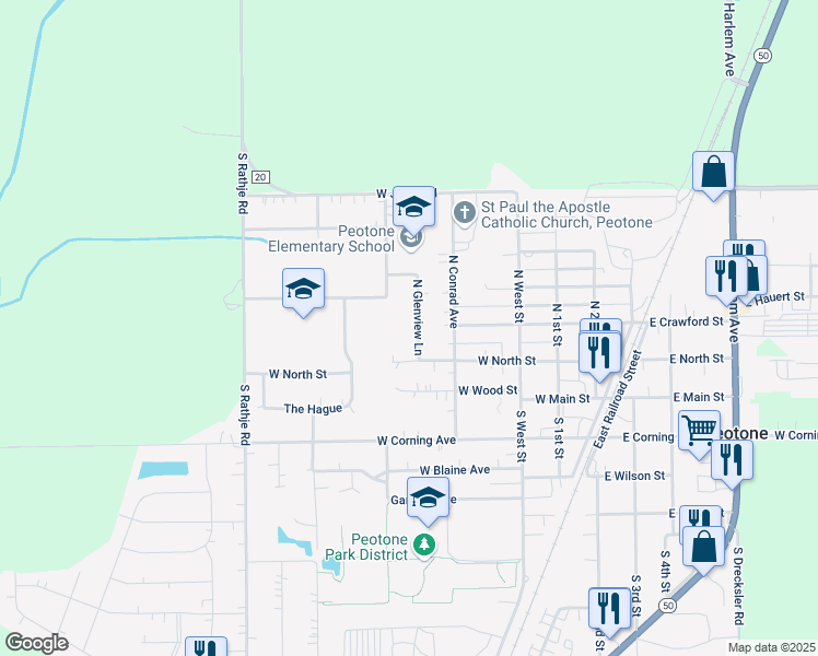 map of restaurants, bars, coffee shops, grocery stores, and more near 312 North Glenview Lane in Peotone