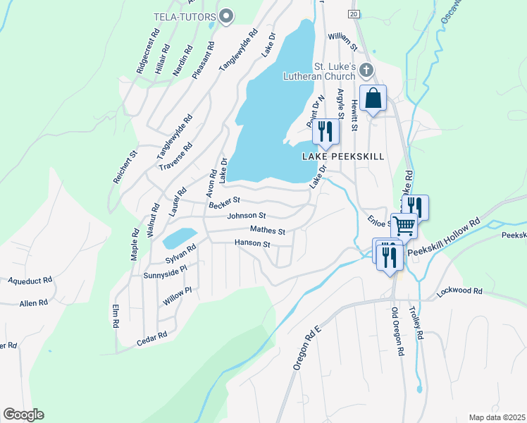 map of restaurants, bars, coffee shops, grocery stores, and more near 44 Johnson Street in Lake Peekskill