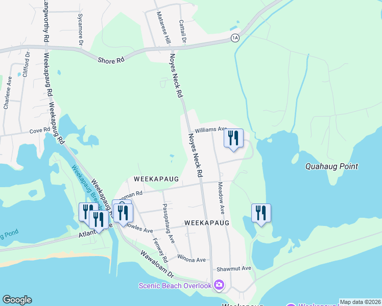map of restaurants, bars, coffee shops, grocery stores, and more near 37 Noyes Neck Road in Westerly