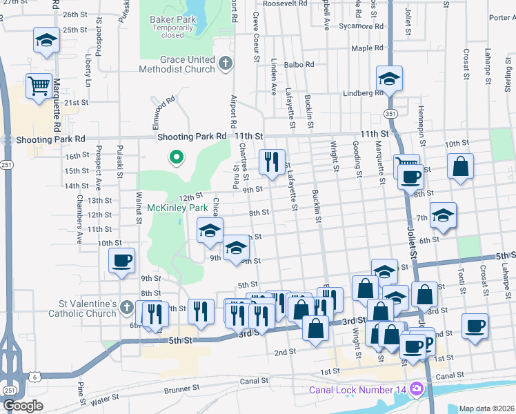 map of restaurants, bars, coffee shops, grocery stores, and more near 121 8th Street in LaSalle