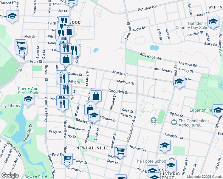 map of restaurants, bars, coffee shops, grocery stores, and more near 237 Goodrich Street in Hamden