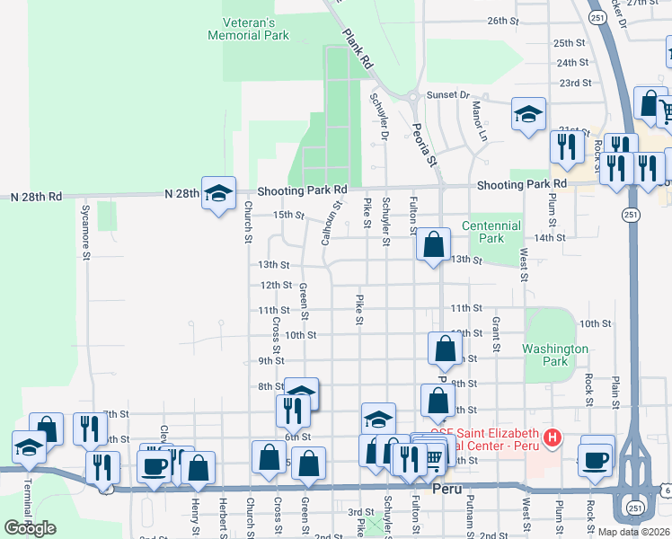 map of restaurants, bars, coffee shops, grocery stores, and more near 1615 Calhoun Street in Peru