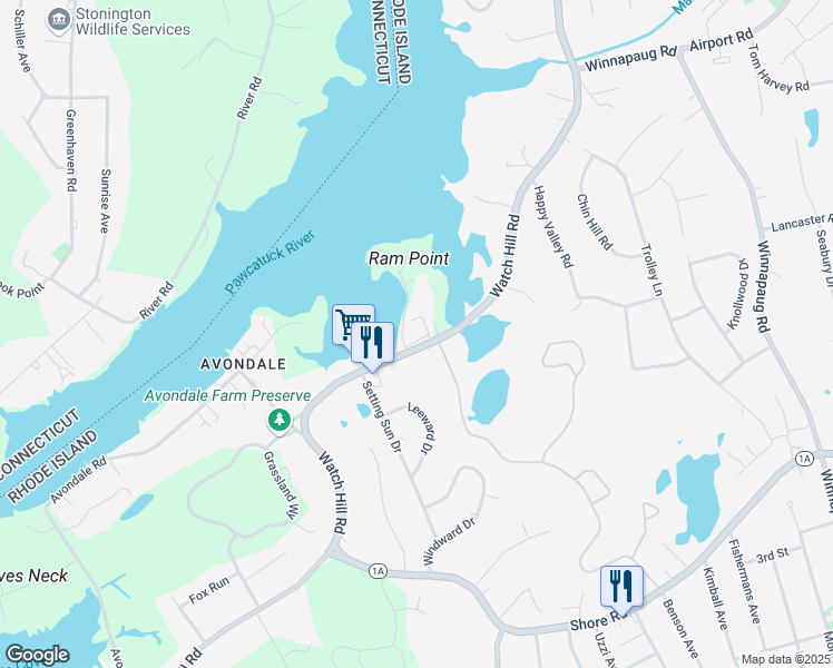 map of restaurants, bars, coffee shops, grocery stores, and more near 79 Watch Hill Road in Westerly