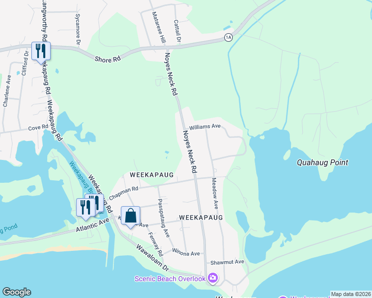 map of restaurants, bars, coffee shops, grocery stores, and more near 37 Noyes Neck Road in Westerly