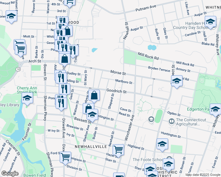map of restaurants, bars, coffee shops, grocery stores, and more near 237 Goodrich Street in Hamden