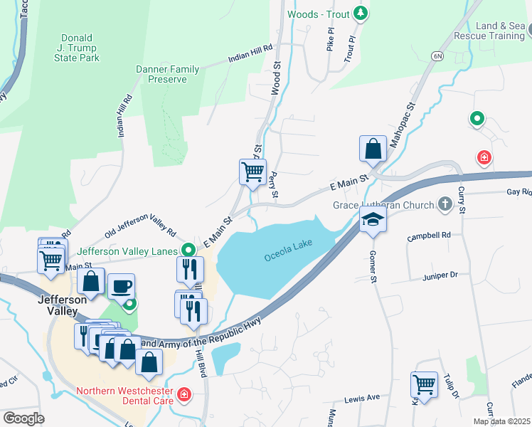 map of restaurants, bars, coffee shops, grocery stores, and more near 401 East Main Street in Jefferson Valley