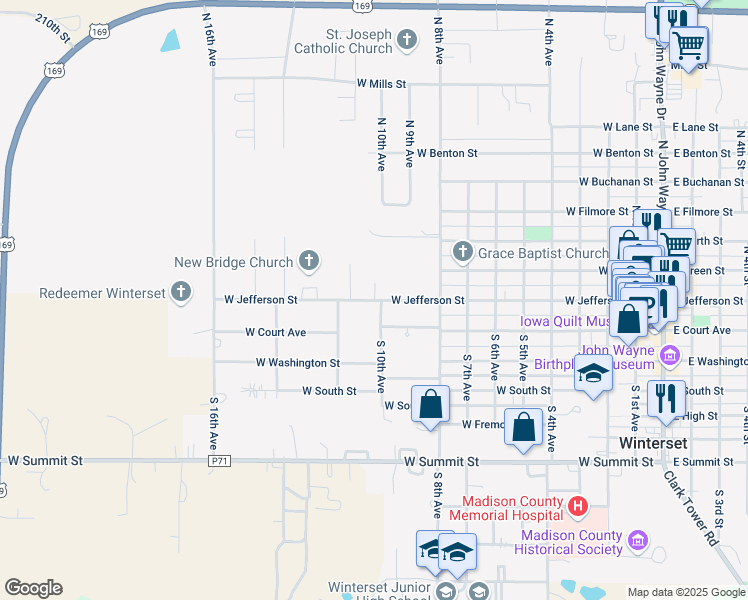 map of restaurants, bars, coffee shops, grocery stores, and more near 1031 West Jefferson Street in Winterset