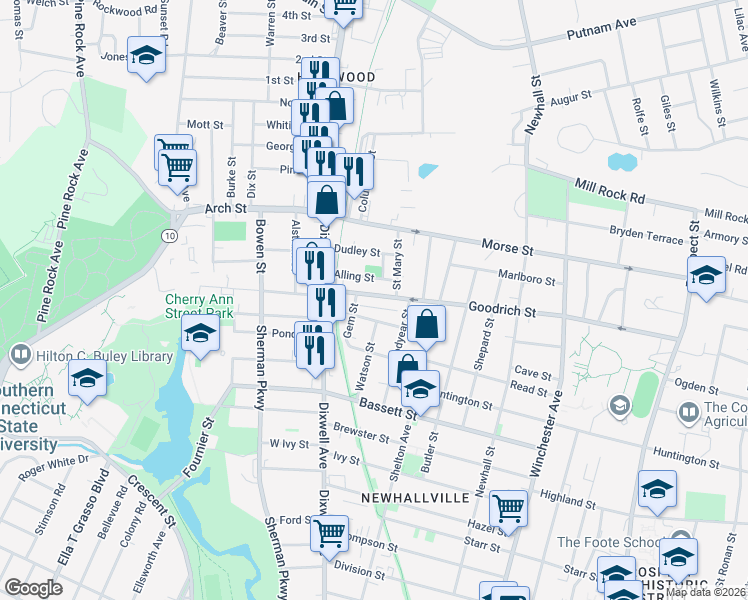 map of restaurants, bars, coffee shops, grocery stores, and more near 360 Goodrich Street in Hamden