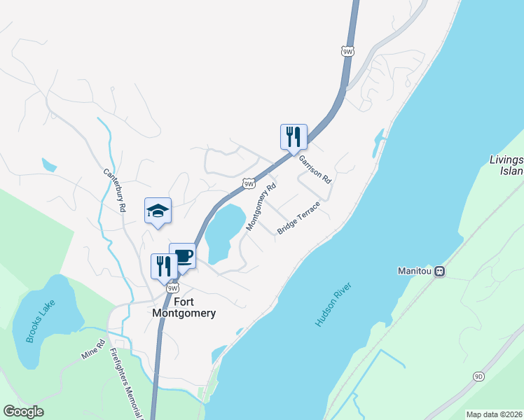map of restaurants, bars, coffee shops, grocery stores, and more near 86 Montgomery Road in Highland Falls