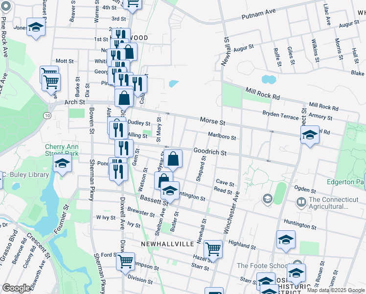 map of restaurants, bars, coffee shops, grocery stores, and more near 453 Shelton Ave in Hamden