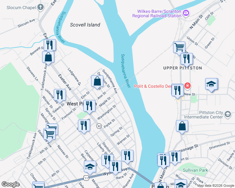 map of restaurants, bars, coffee shops, grocery stores, and more near 320 Susquehanna Avenue in Exeter
