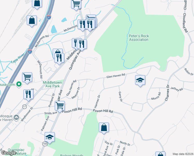 map of restaurants, bars, coffee shops, grocery stores, and more near 220 Glen Haven Road in New Haven