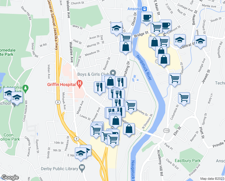 map of restaurants, bars, coffee shops, grocery stores, and more near 52 Clifton Avenue in Ansonia
