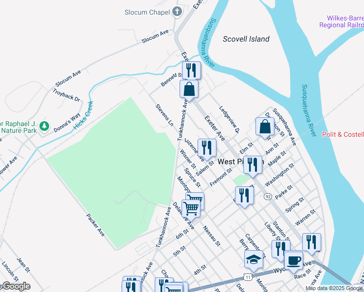 map of restaurants, bars, coffee shops, grocery stores, and more near 101-125 Tunkhannock Ave in Exeter