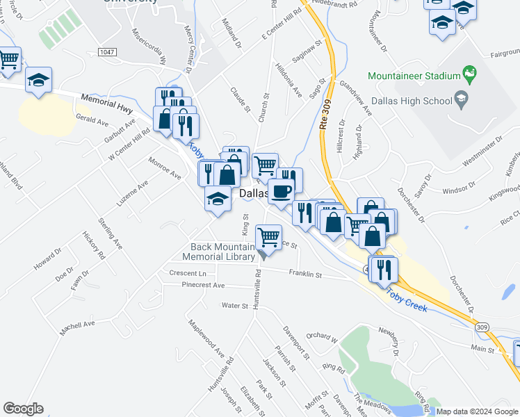 map of restaurants, bars, coffee shops, grocery stores, and more near 27 Main Street in Dallas