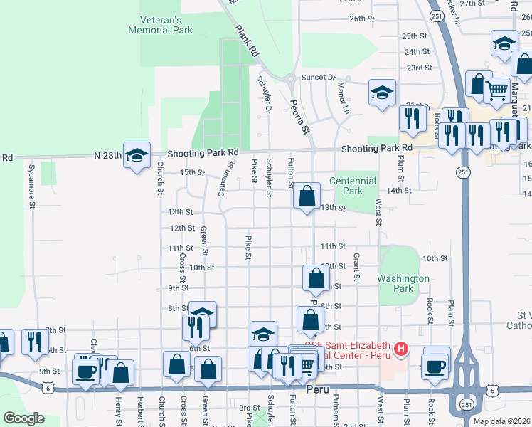 map of restaurants, bars, coffee shops, grocery stores, and more near 1619 Schuyler Street in Peru