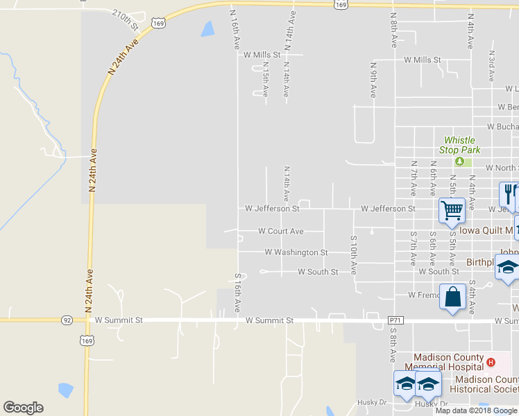 map of restaurants, bars, coffee shops, grocery stores, and more near 1525 West Jefferson Street in Winterset