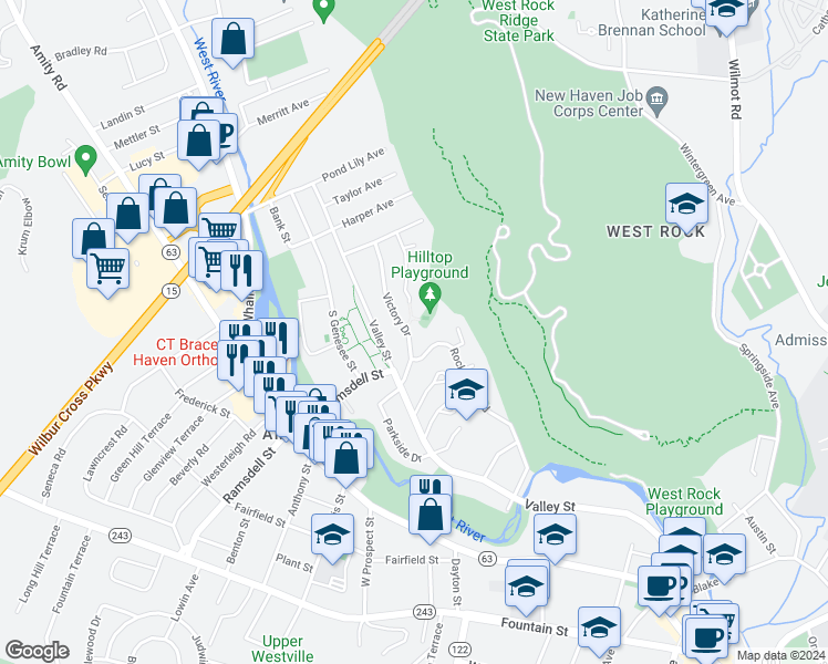 map of restaurants, bars, coffee shops, grocery stores, and more near 16 Victory Drive in New Haven