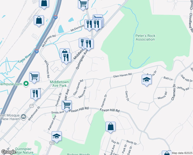 map of restaurants, bars, coffee shops, grocery stores, and more near 184 Glen Haven Road in New Haven