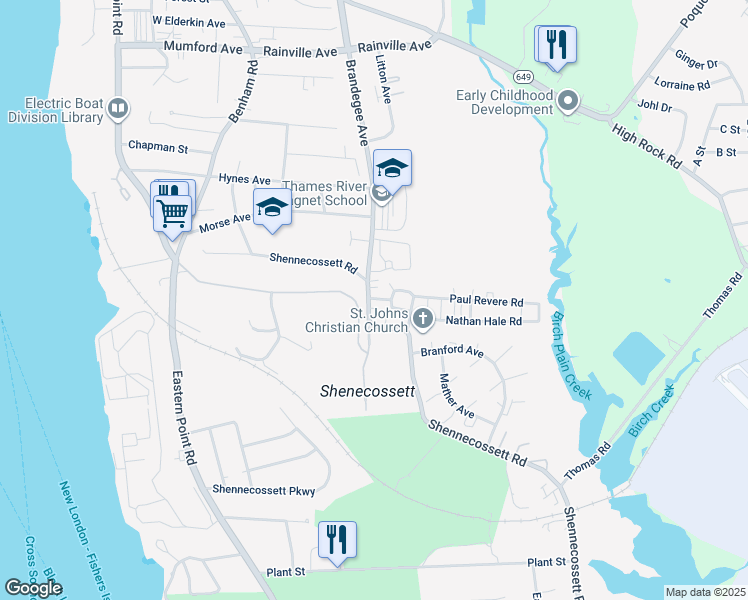map of restaurants, bars, coffee shops, grocery stores, and more near 13 Liberty Drive in Groton