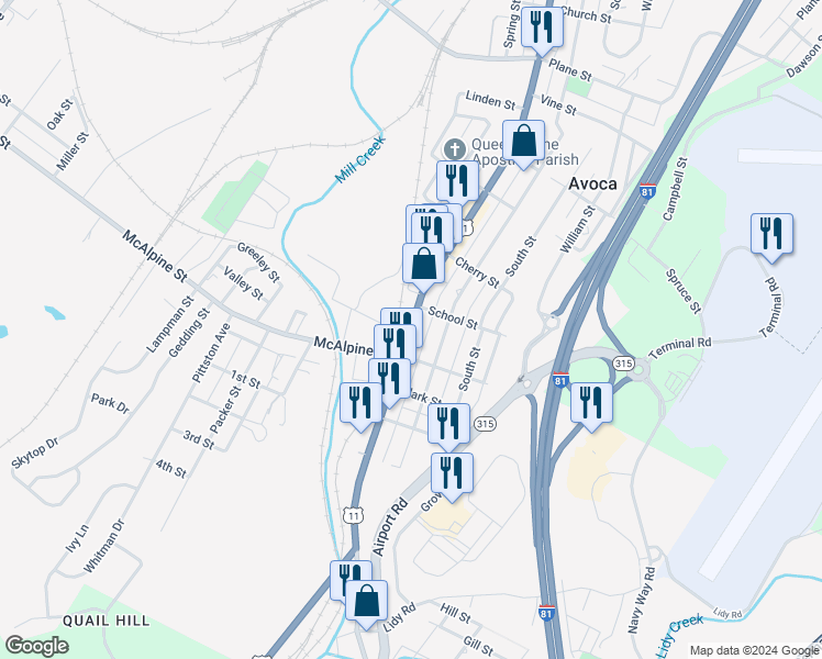 map of restaurants, bars, coffee shops, grocery stores, and more near 529 Main Street in Avoca