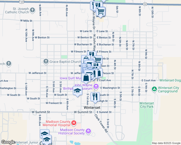 map of restaurants, bars, coffee shops, grocery stores, and more near 59 East Jefferson Street in Winterset
