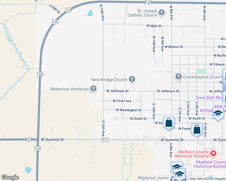 map of restaurants, bars, coffee shops, grocery stores, and more near 1525 West Jefferson Street in Winterset