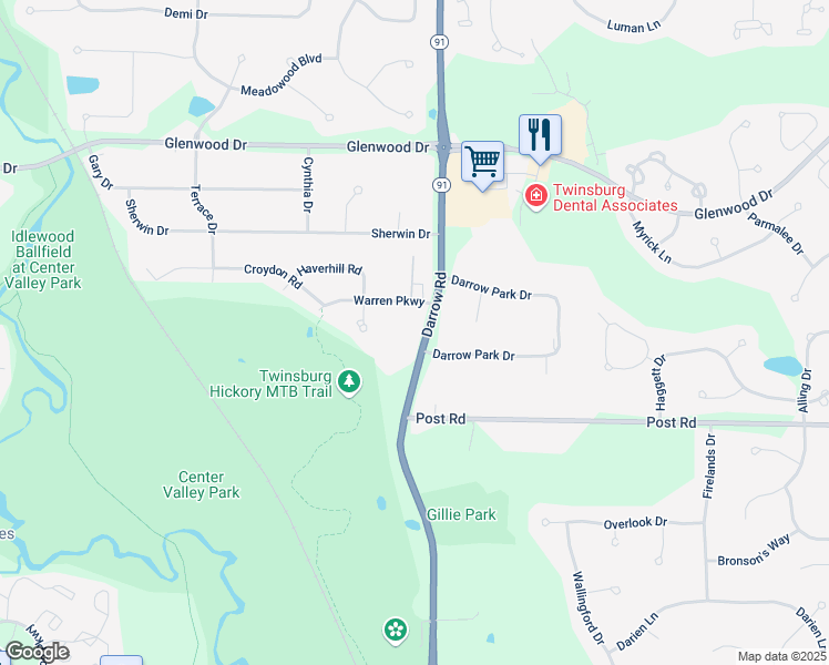 map of restaurants, bars, coffee shops, grocery stores, and more near 2477 Warren Parkway in Twinsburg